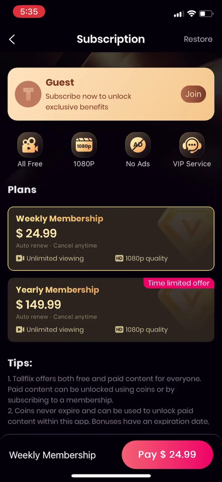 Tallflix: Short Dramas & Films paywall screenshot