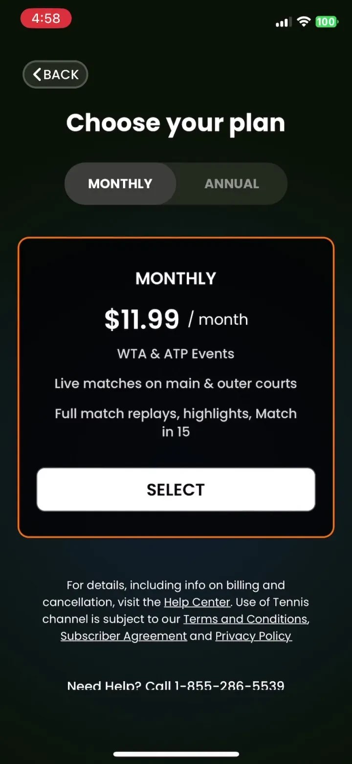 Tennis Channel paywall screenshot