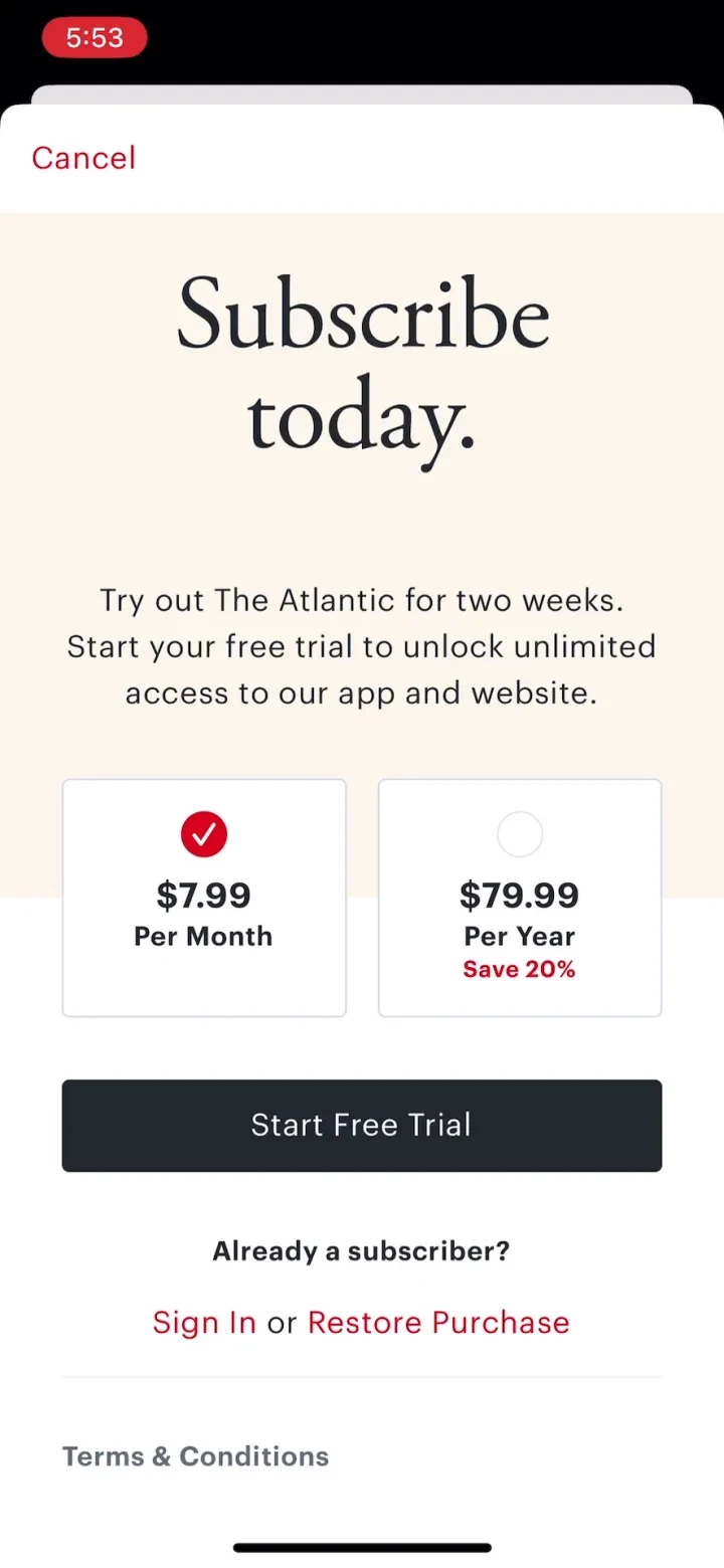 The Atlantic Magazine paywall screenshot