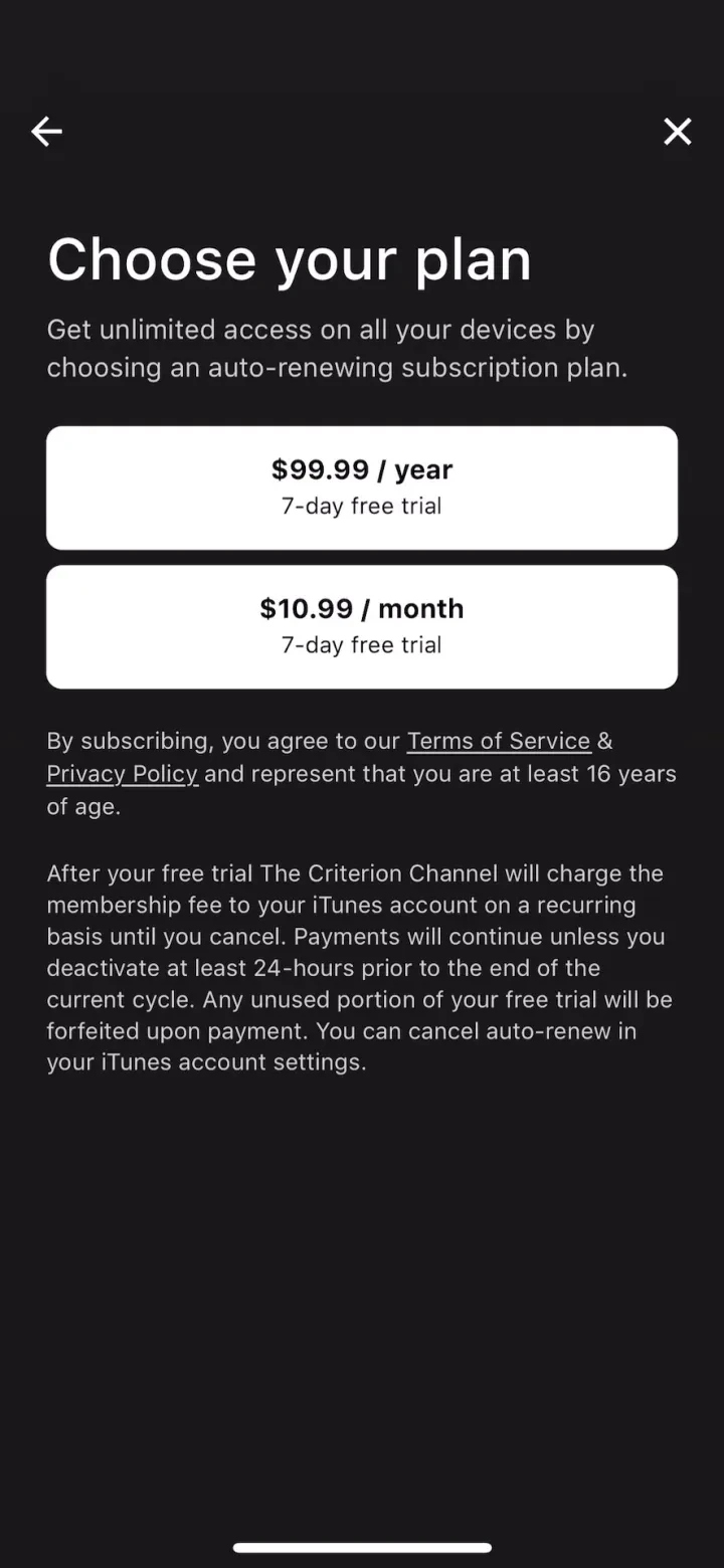 The Criterion Channel paywall screenshot