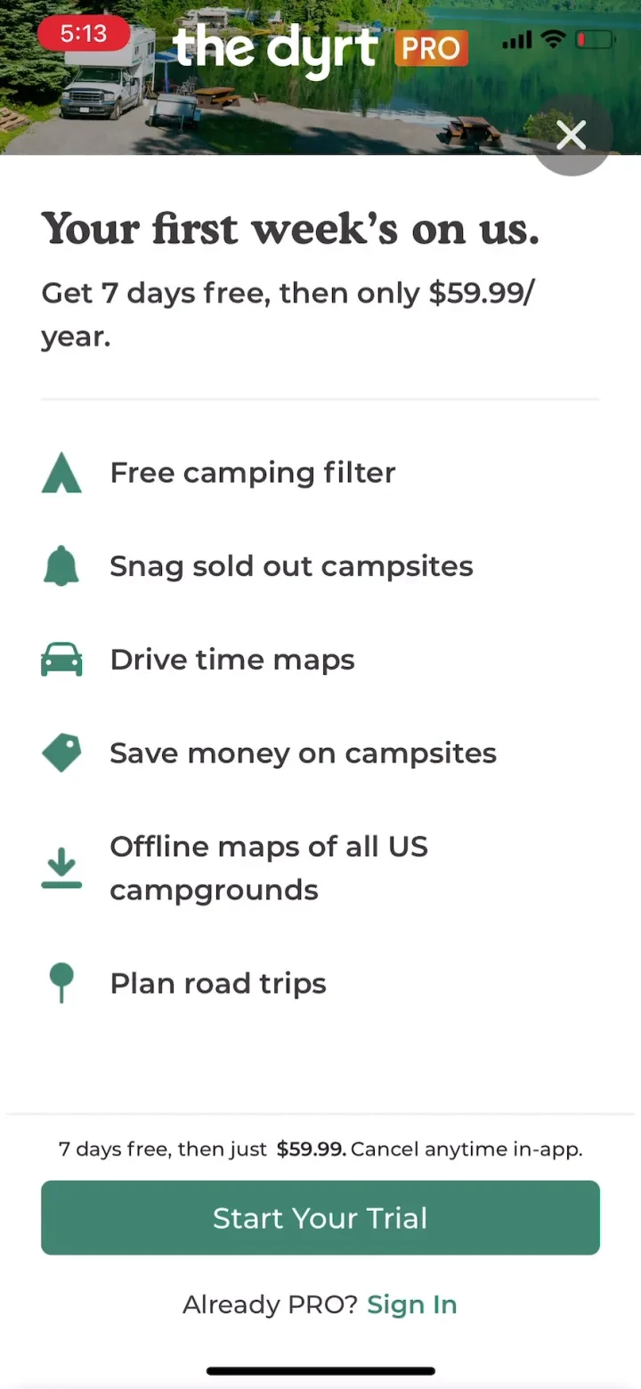 The Dyrt: RV & Free Camping paywall screenshot
