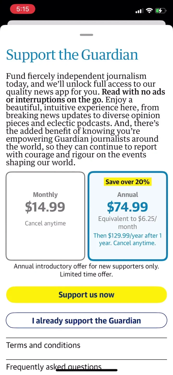 The Guardian - US & World News paywall screenshot