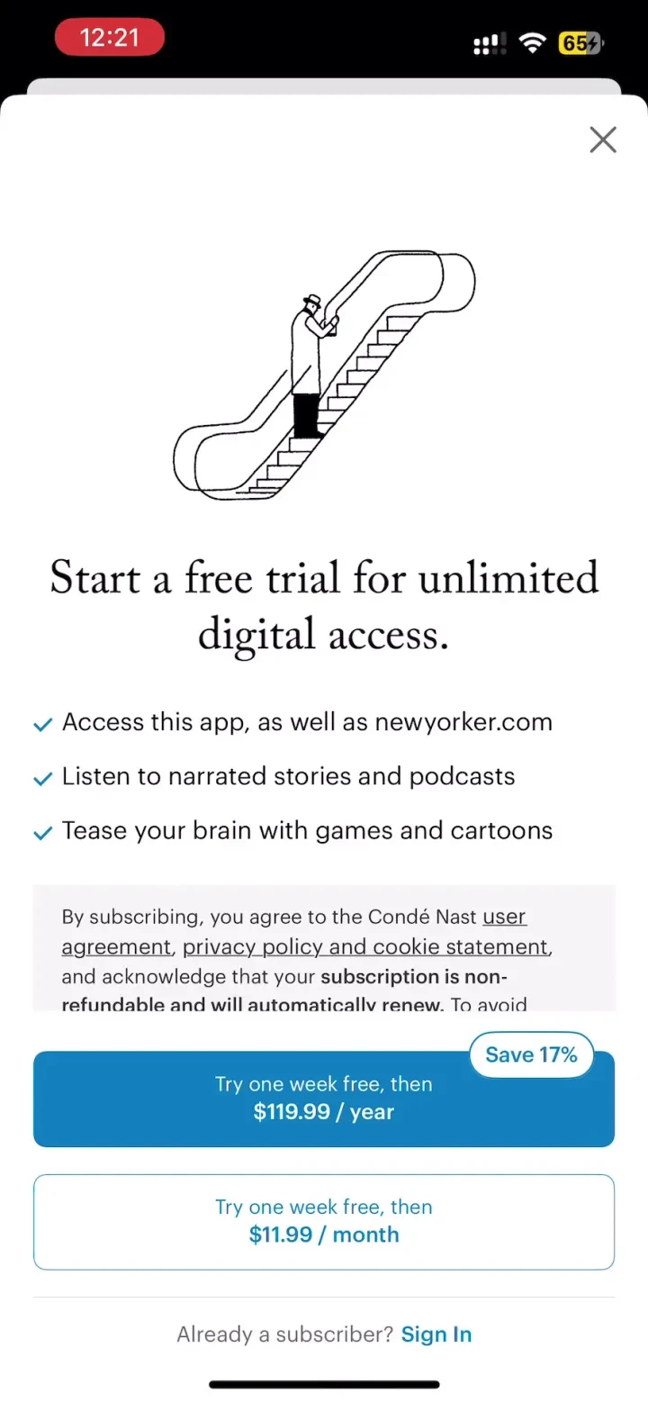 The New Yorker paywall screenshot