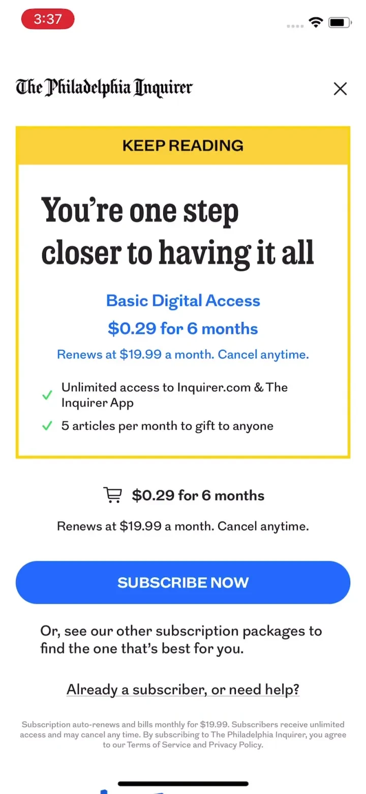The Philadelphia Inquirer paywall screenshot