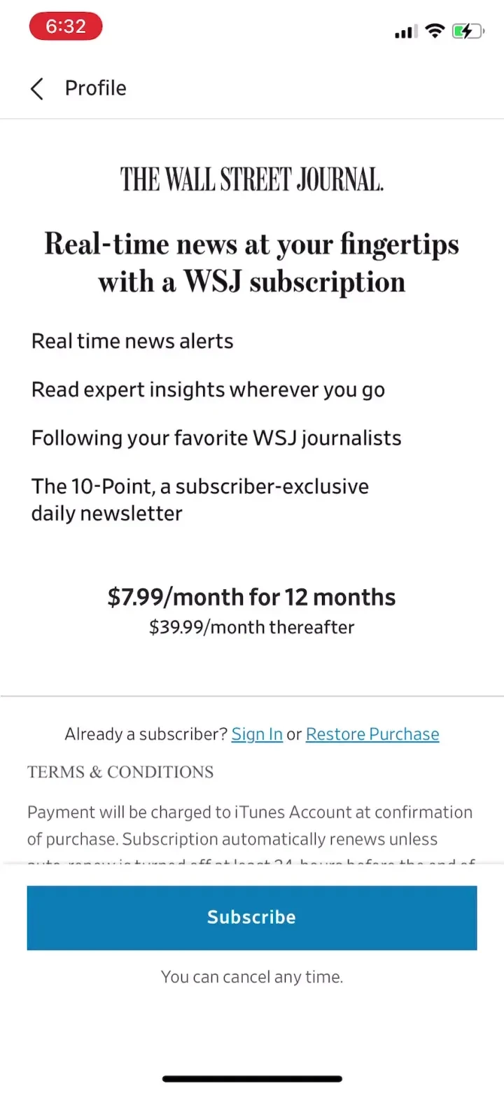 The Wall Street Journal. News paywall screenshot