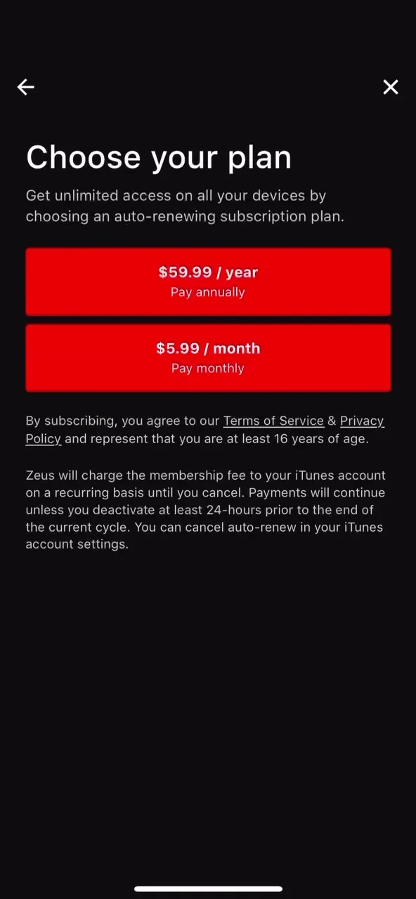 The Zeus Network paywall screenshot