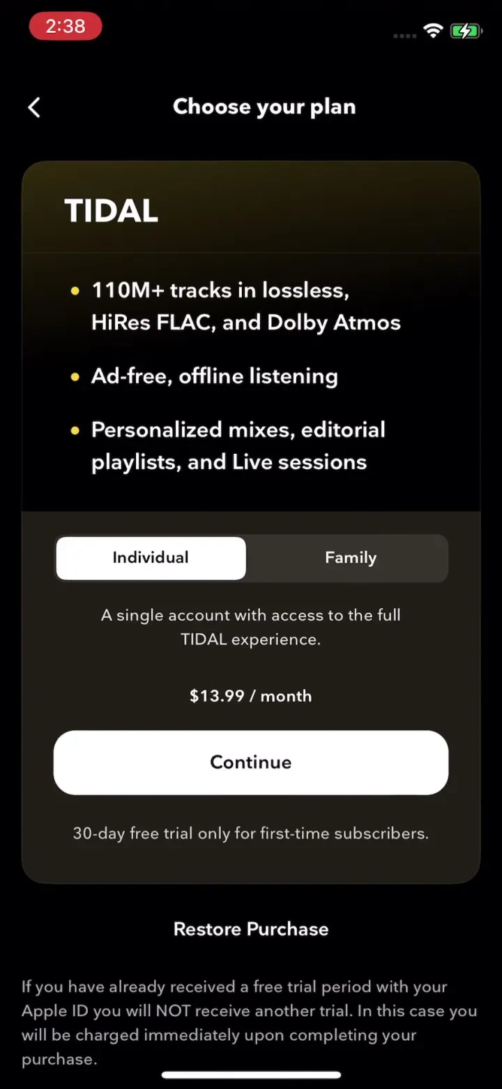 TIDAL Music: HiFi Sound paywall screenshot