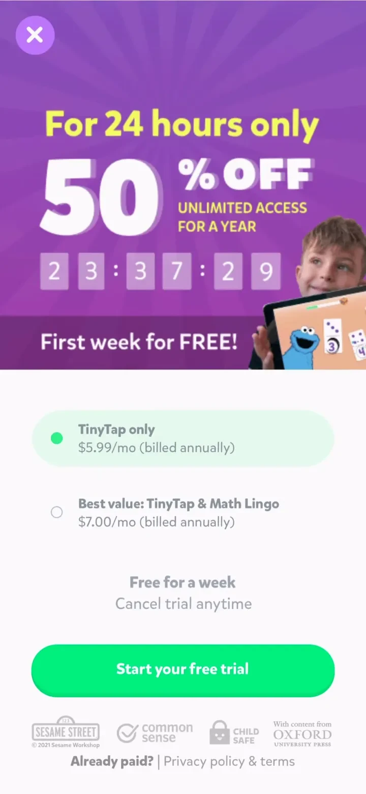 TinyTap: Kids' Learning Games paywall screenshot