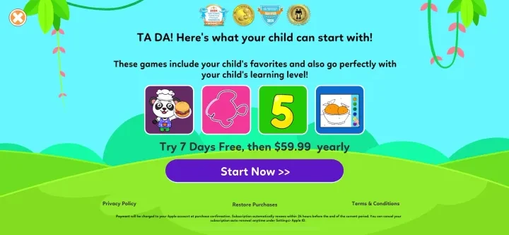 Toddler Games for 2+ Year Olds paywall screenshot