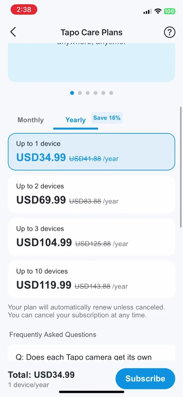 TP-Link Tapo paywall screenshot