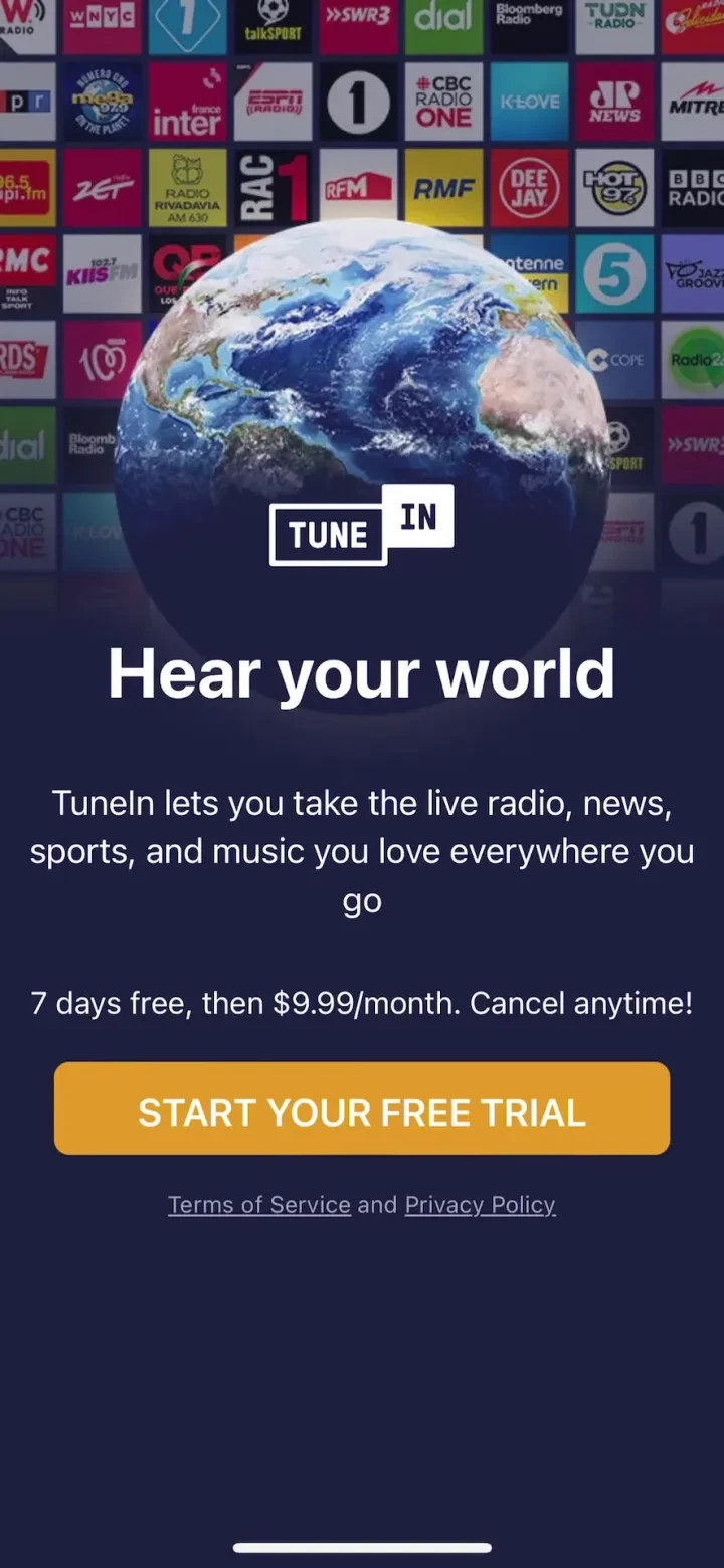 TuneIn Radio: Music & Sports paywall screenshot