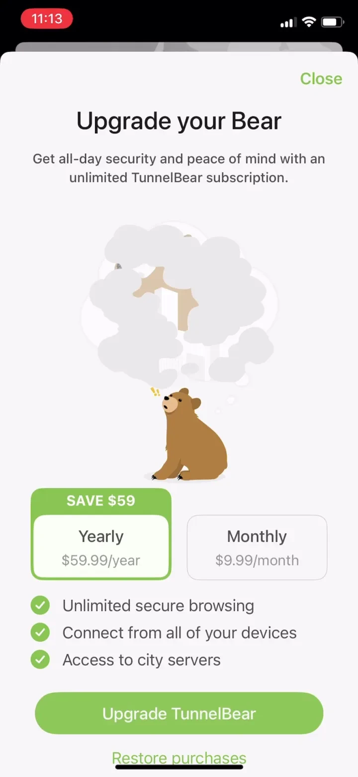 TunnelBear: Secure VPN & Wifi paywall screenshot