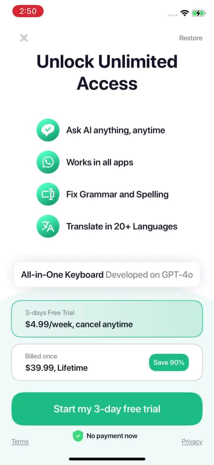 TypeAI: AI Keyboard & Writer paywall screenshot