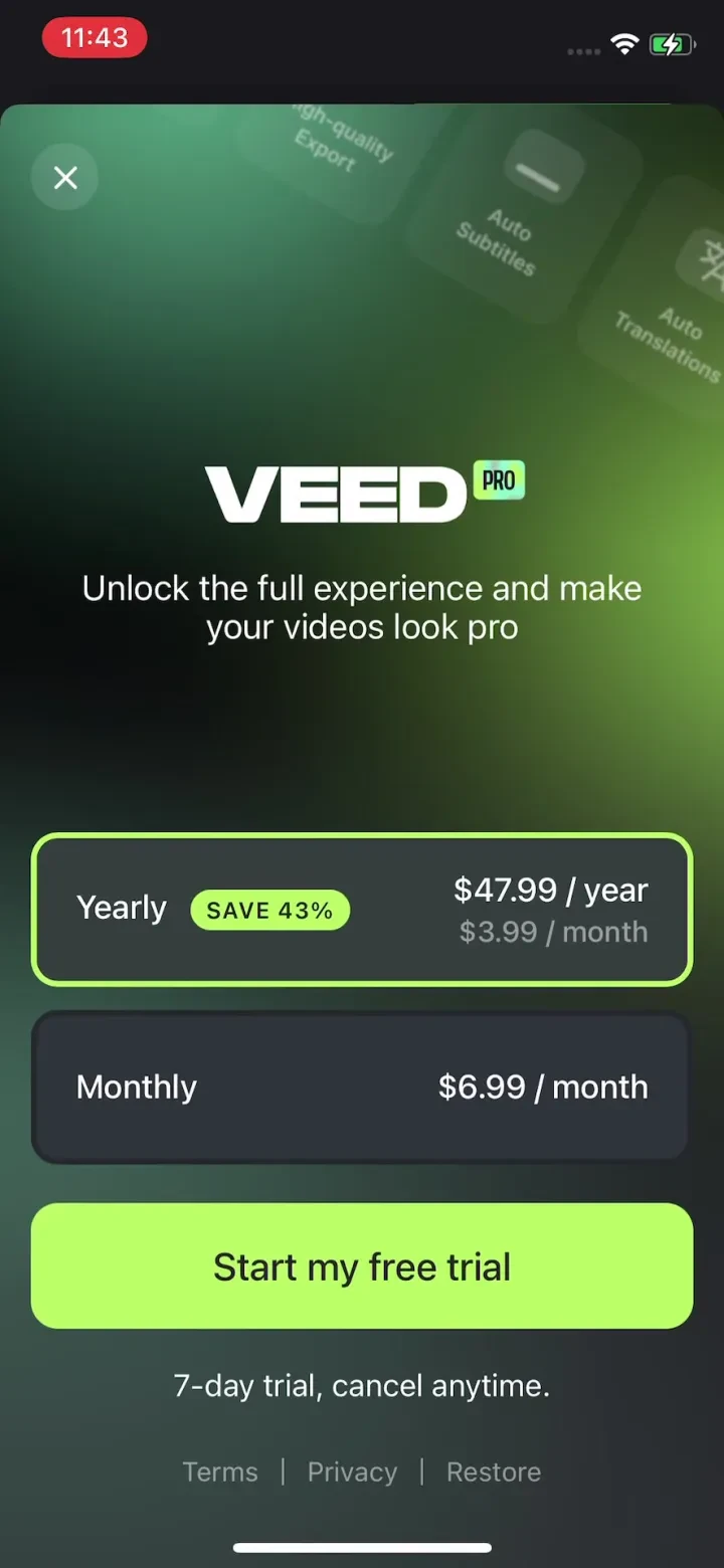 VEED Shorts: AI videos paywall screenshot