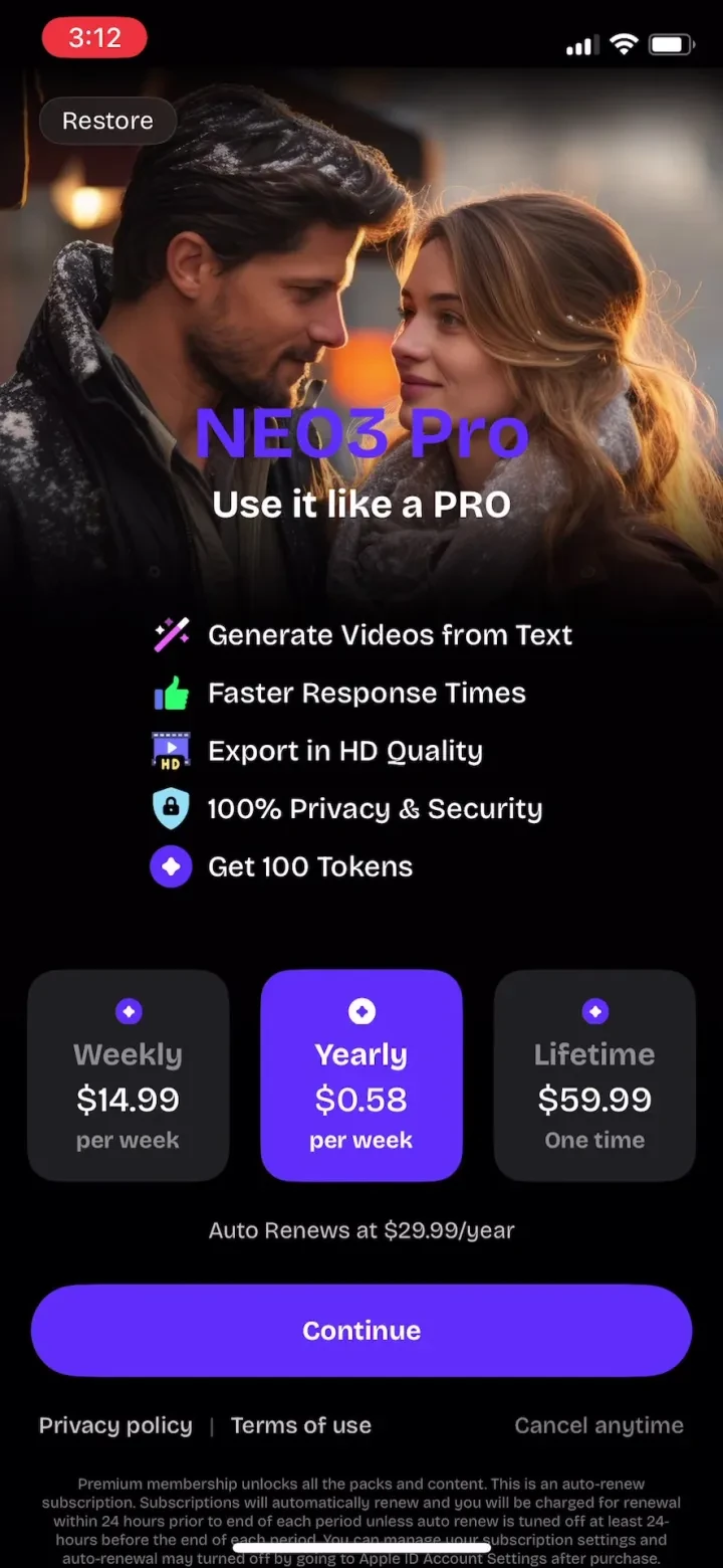 VEO 3 · AI Video Generator paywall screenshot