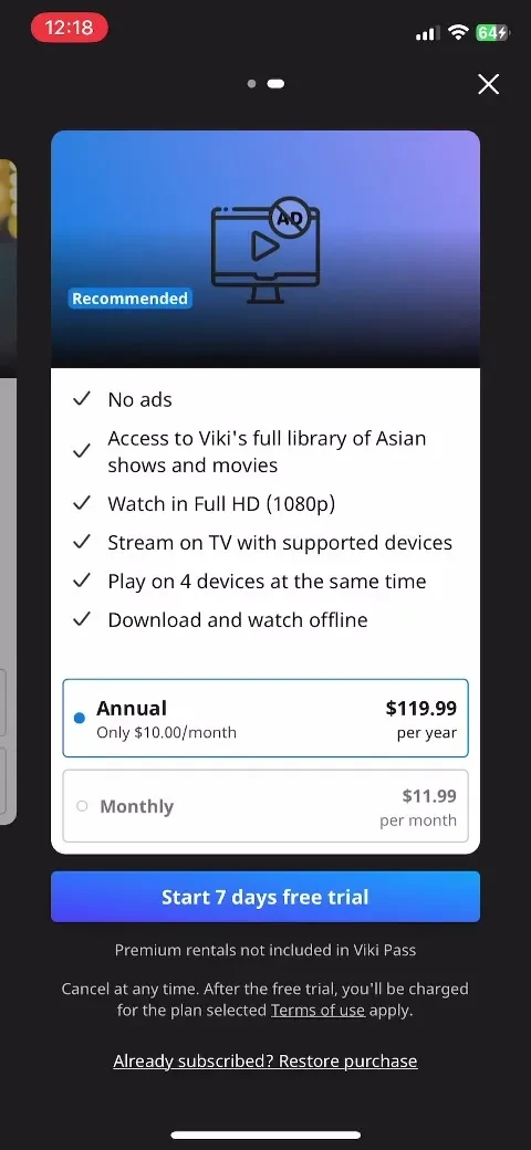 Viki: Asian Dramas, Movies, TV paywall screenshot