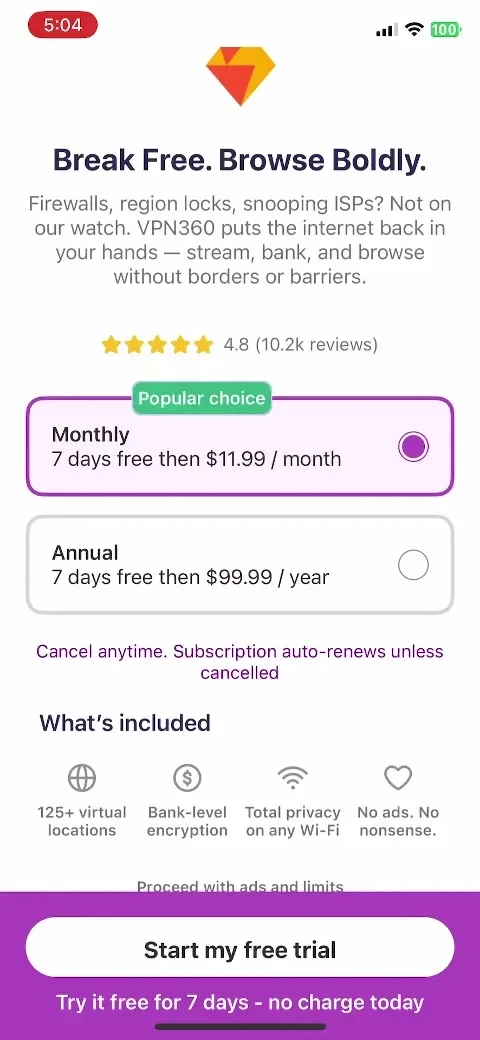 VPN 360: Super Fast VPN Proxy paywall screenshot