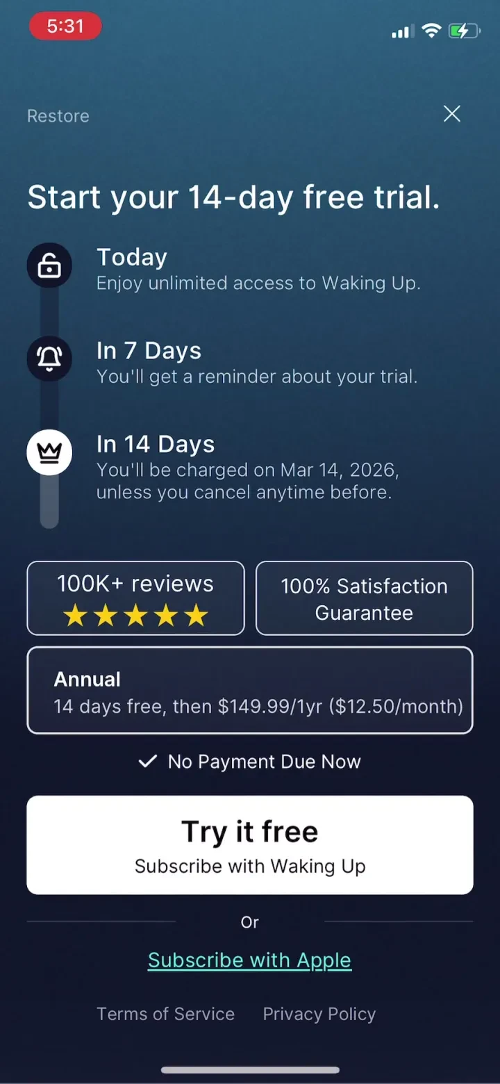 Waking Up: Meditation & Wisdom paywall screenshot